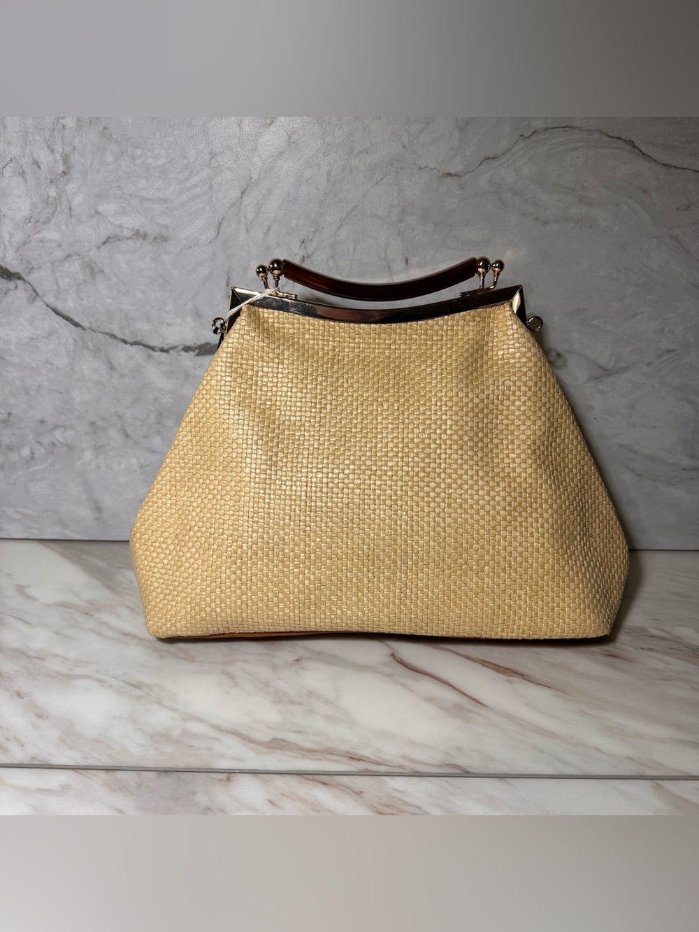 NWT Stella Bianca Italy Woven Raffia Leather Frame Kiss Lock Handbag